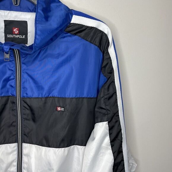 SOUTHPOLE Jacket Mens XXL Full Zip Windbreaker Y2K Blue Black White Stripe - Picture 2 of 16
